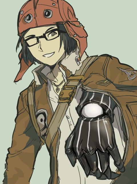 1boy bad_id bad_pixiv_id black_hair coat glasses hat male_focus nanashi_(megami_tensei) prosthesis prototype_design shin_megami_tensei shin_megami_tensei_iv_final simple_background solo tre_(trace7)