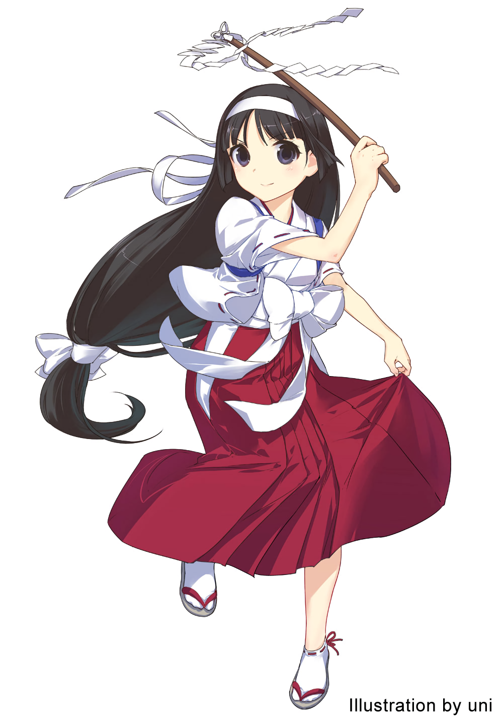 1girl artist_name black_hair elevator_action female_focus full_body gohei hairband hakama hakama_skirt highres japanese_clothes kiki_kaikai kiki_kaikai_(series) long_hair looking_at_viewer low-tied_long_hair miko non-web_source official_art ponytail red_hakama ribbon-trimmed_legwear ribbon-trimmed_sleeves ribbon_trim sayo_(kiki_kaikai) short_sleeves simple_background skirt skirt_hold smile solo uni_(plastic_girl) white_background