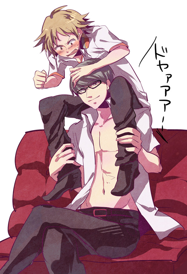 2boys atlus bad_id bad_pixiv_id blush brown_hair crossed_legs embarrassed glasses hanamura_yousuke headphones headphones_around_neck ishiwari male_focus multiple_boys muscular narukami_yuu open_clothes open_mouth open_shirt pants persona persona_4 shirt short_hair sitting sitting_on_shoulder sitting_on_shoulders smile spiked_hair sweatdrop