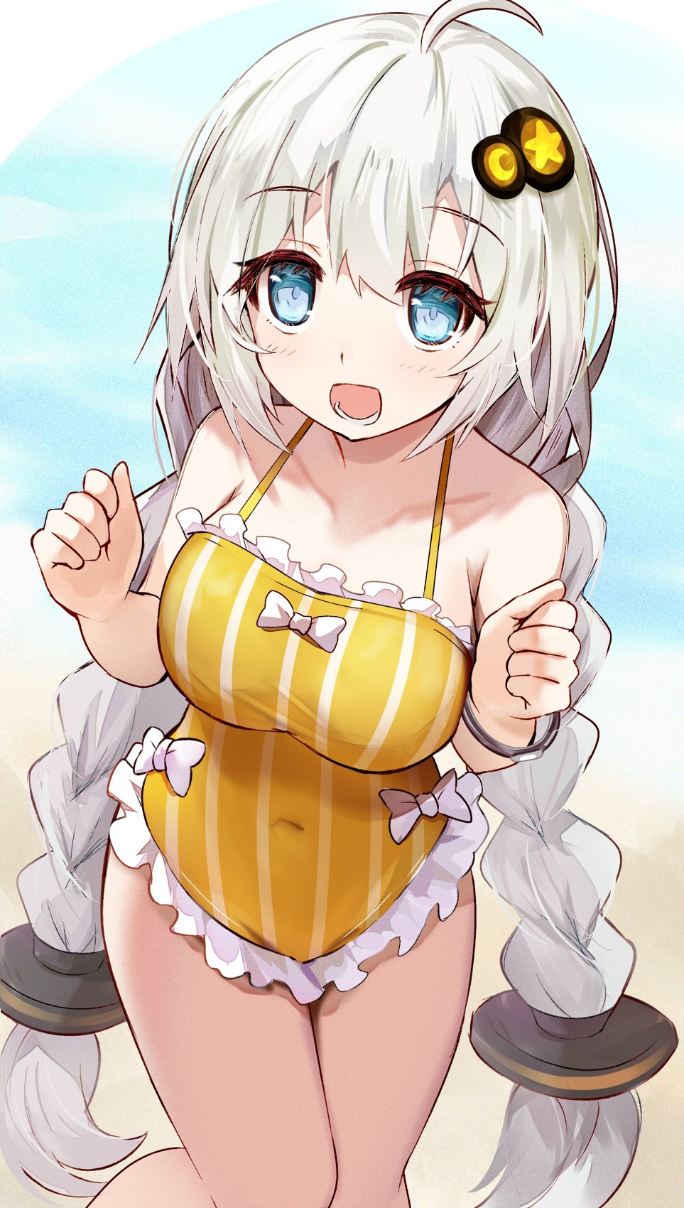 1girl ahoge aqua_eyes bare_shoulders bracelet braid breasts covered_navel efe feet_out_of_frame frilled_one-piece_swimsuit frills grey_hair hair_ornament hair_tubes hands_up highres jewelry kizuna_akari long_hair medium_breasts one-piece_swimsuit open_mouth smile solo standing swimsuit twin_braids very_long_hair vocaloid voiceroid yellow_one-piece_swimsuit