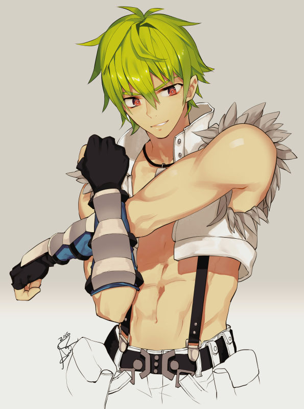 1boy abs arai_12 belt black_belt black_gloves commentary_request crop_top fingerless_gloves fur-trimmed_shirt fur_trim gloves green_hair grey_background grin hair_between_eyes howard_alt-eisen looking_at_viewer male_focus open_clothes open_shirt pouch ragnarok_online red_eyes shirt short_hair smile solo stretching suspenders upper_body vambraces white_shirt whitesmith_(ragnarok_online)