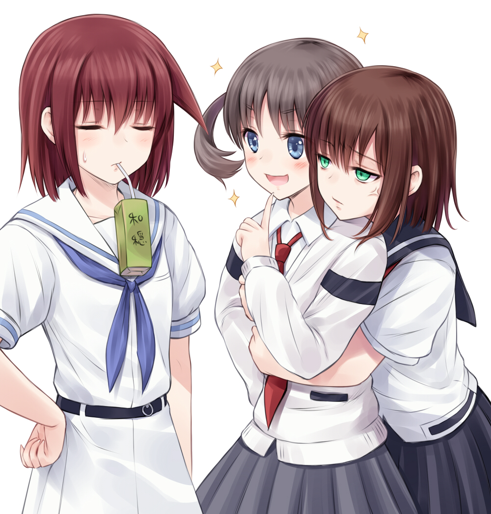 10s 3girls angry black_hair blue_eyes blush box cardigan closed_eyes drinking_straw green_eyes hanada_kirame hug hug_from_behind long_sleeves miyanaga_teru multiple_girls necktie onjouji_toki red_hair saki saki_(manga) saki_achiga-hen school_uniform serafuku shindouji_school_uniform short_hair short_twintails skirt smile suzushiro_yukari sweatdrop twintails yuri