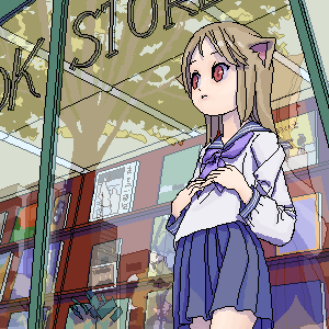 1girl against_glass animal_ears blue_skirt bookstore cat_ears commentary_request dreamer_tapir expressionless from_outside light_brown_hair long_hair looking_to_the_side lowres oekaki original outdoors own_hands_together pleated_skirt red_eyes reflection school_uniform serafuku shop skirt solo standing tree