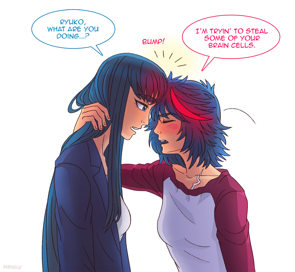 10s 2girls black_hair english_text eyebrows headbutt herokick jacket kill_la_kill kiryuuin_satsuki long_hair matoi_ryuuko multicolored_hair multiple_girls siblings sisters streaked_hair thick_eyebrows