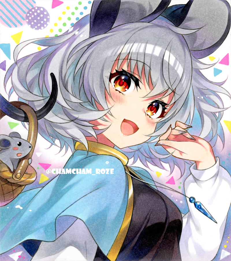 1girl :d animal_ears basket blue_capelet blush breasts capelet chacham commentary fingernails from_side gold_trim grey_hair grey_nails hand_up jewelry long_sleeves looking_at_viewer marker_(medium) mouse_(animal) mouse_ears mouse_girl mouse_tail nazrin nazrin_day necklace open_mouth pendant puffy_long_sleeves puffy_sleeves red_eyes sharp_fingernails short_hair smile solo tail touhou traditional_media twitter_username upper_body