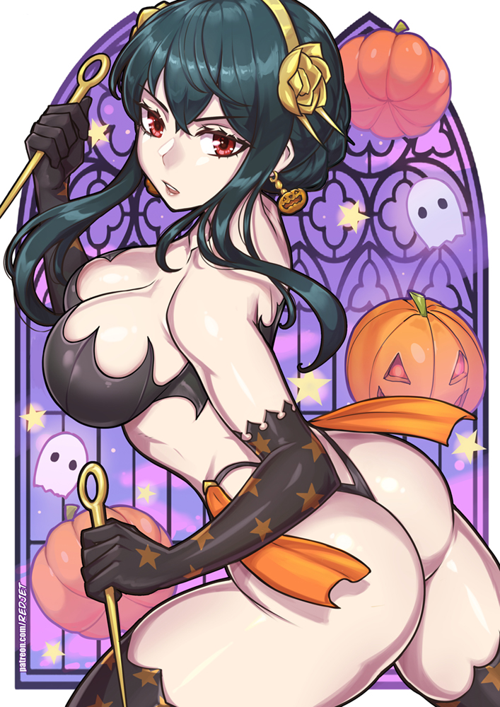 1girl ass bikini black_bikini black_hair black_thighhighs breasts dagger dual_wielding ghost gold_hairband hairband halloween holding jack-o&#039;-lantern knife large_breasts long_hair red_eyes redjet solo spy_x_family star_(symbol) star_print stiletto_(weapon) strapless strapless_bikini swimsuit thighhighs weapon yor_briar