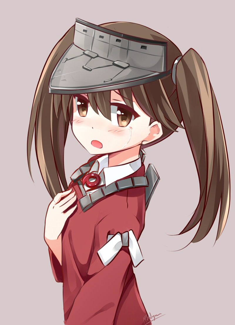 10s 1girl artist_name brown_eyes brown_hair female_focus hand_on_own_chest japanese_clothes kantai_collection looking_at_viewer mmrailgun ribbon ryuujou_(kancolle) solo tears twintails visor_cap