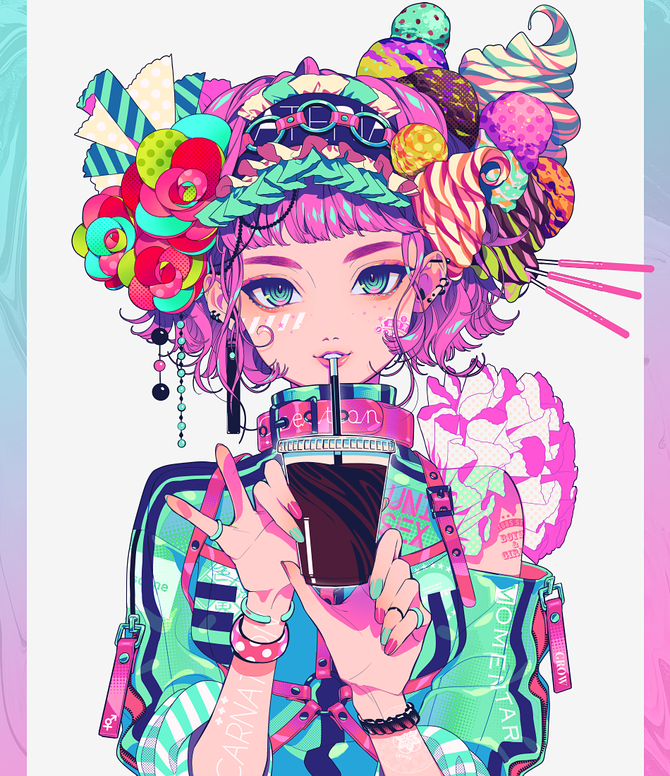 1girl akiakane blue_eyes blue_jacket blue_nails blunt_bangs body_writing commentary_request cup disposable_cup drinking_straw ear_piercing earrings eyeshadow fingernails food grey_background hair_ornament hairpin hands_up headband holding holding_cup ice_cream jacket jewelry looking_at_viewer makeup multicolored_nails nail_polish off_shoulder original parted_lips piercing pink_hair pink_lips pink_nails ring short_hair smile solo upper_body wristband