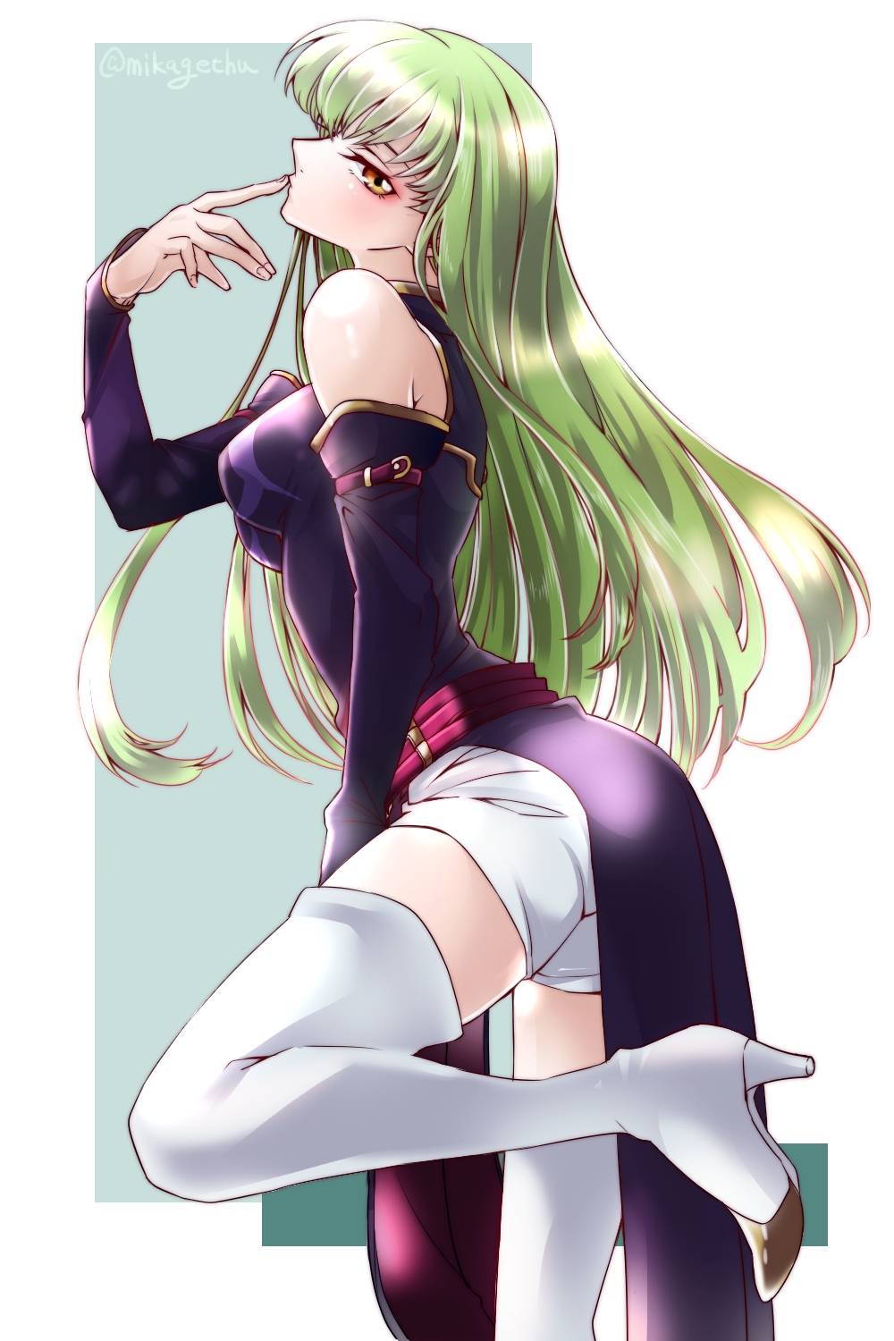 1girl bare_shoulders belt black_dress boots breasts c.c. code_geass dress finger_to_mouth from_side gold_trim green_hair high_heel_boots high_heels highres index_finger_raised long_hair looking_at_viewer medium_breasts mikagethu pelvic_curtain red_belt short_shorts shorts solo standing standing_on_one_leg thigh_boots thighhighs very_long_hair white_shorts white_thighhighs yellow_eyes