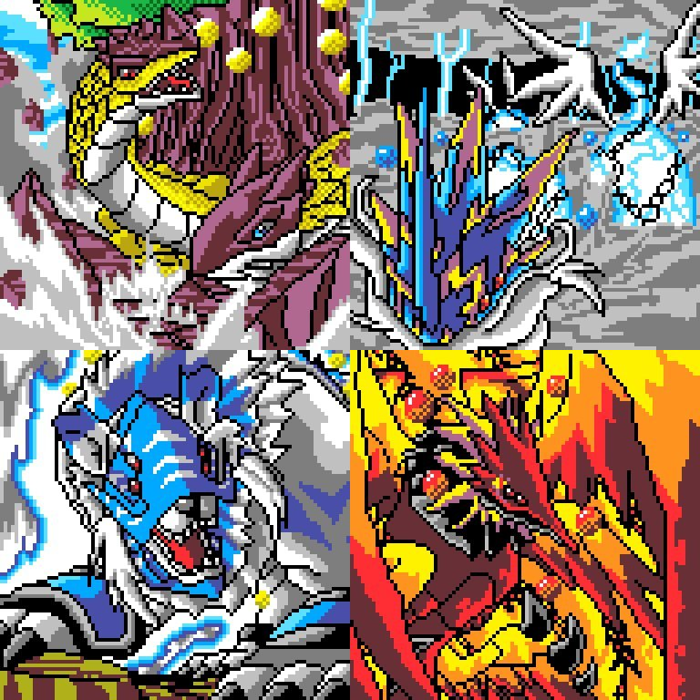 baihumon bird digimon dragon four_holy_beasts four_holy_beasts_(digimon) pixel_art qinglongmon snake tiger turtle wings xuanwumon zhuqiaomon