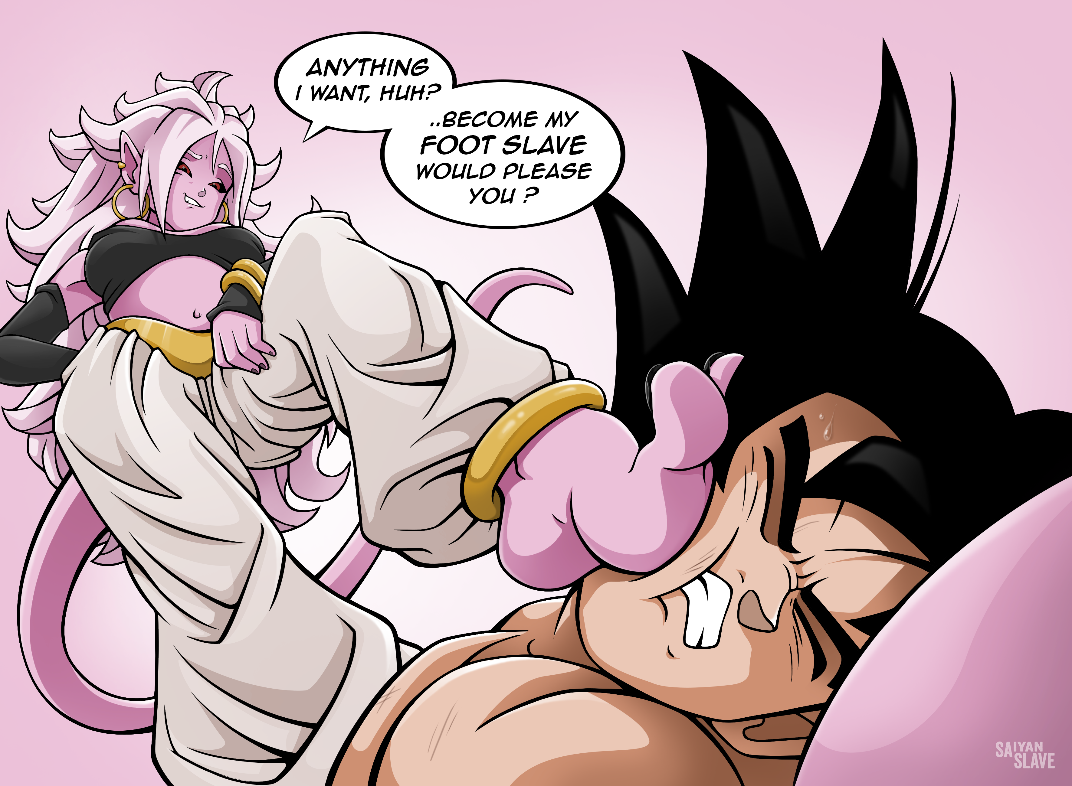 saiyanslave, android 21, majin android 21, son goku, dragon ball,  dragonball z, absurdres, highres, black hair, black nails, black shirt,  colored skin, domination, feet, femdom, foot focus, foot on another's  face, foot