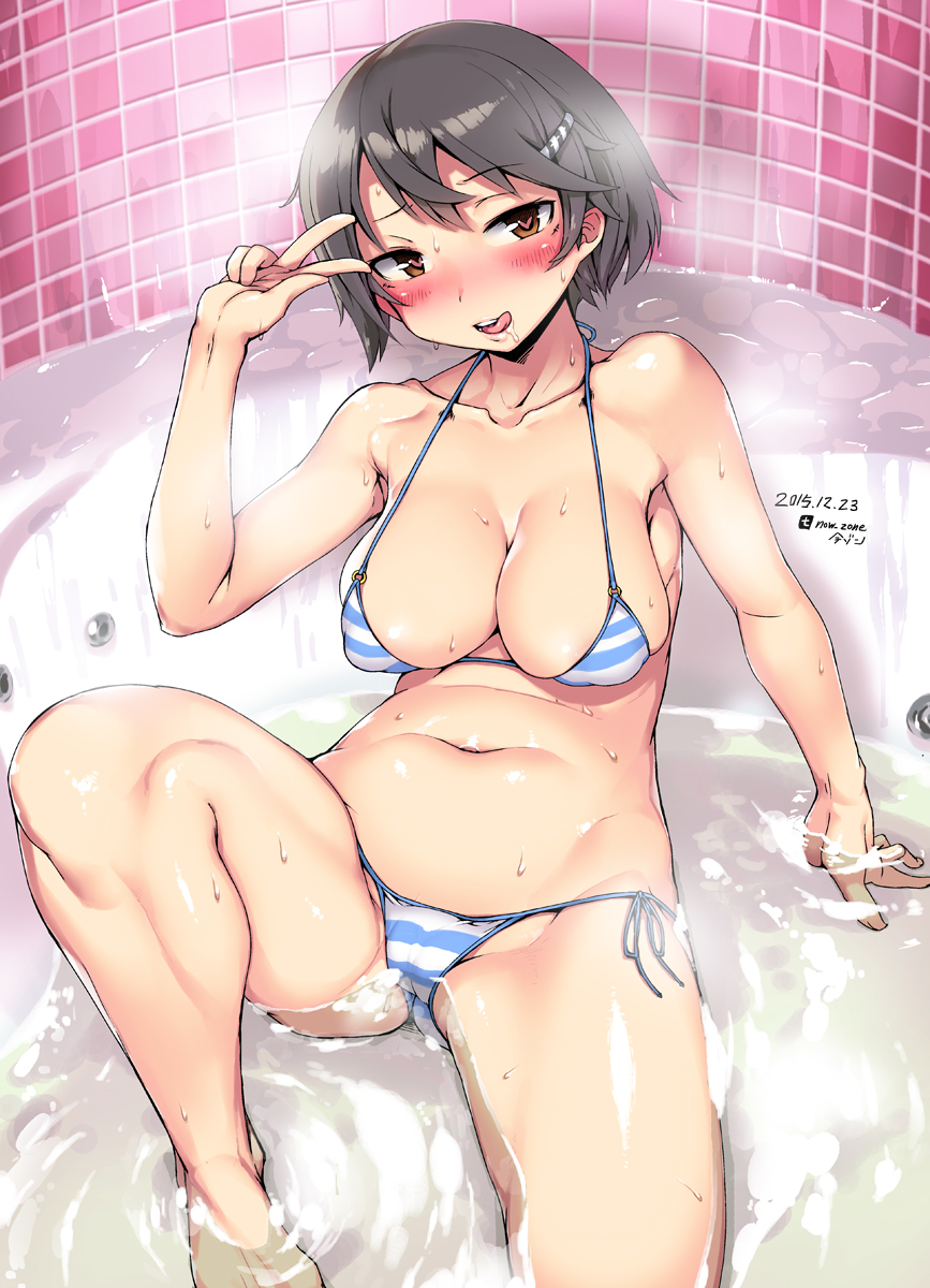 1girl 2015 artist_name bare_arms bare_shoulders barefoot bathing bathtub bikini black_hair blue_bikini blush breasts brown_hair cleavage collarbone covered_erect_nipples curvy dated female_focus groin heart heart-shaped_pupils highres imazon indoors large_breasts looking_at_viewer navel o-ring o-ring_bikini original short_hair side-tie_bikini_bottom solo striped_bikini striped_clothes sweatdrop swimsuit symbol-shaped_pupils tile_wall tiles tongue tongue_out twitter_username v v_over_eye water_drop wet