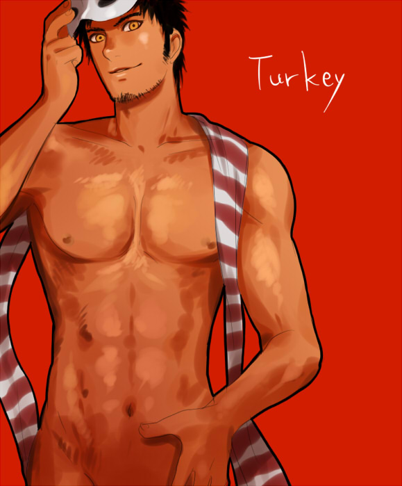 1boy axis_powers_hetalia bad_id bad_pixiv_id black_hair character_name facial_hair male_focus mask unworn_mask mizuhara_aki muscular navel nude scarf smile solo stubble turkey_(hetalia) yellow_eyes