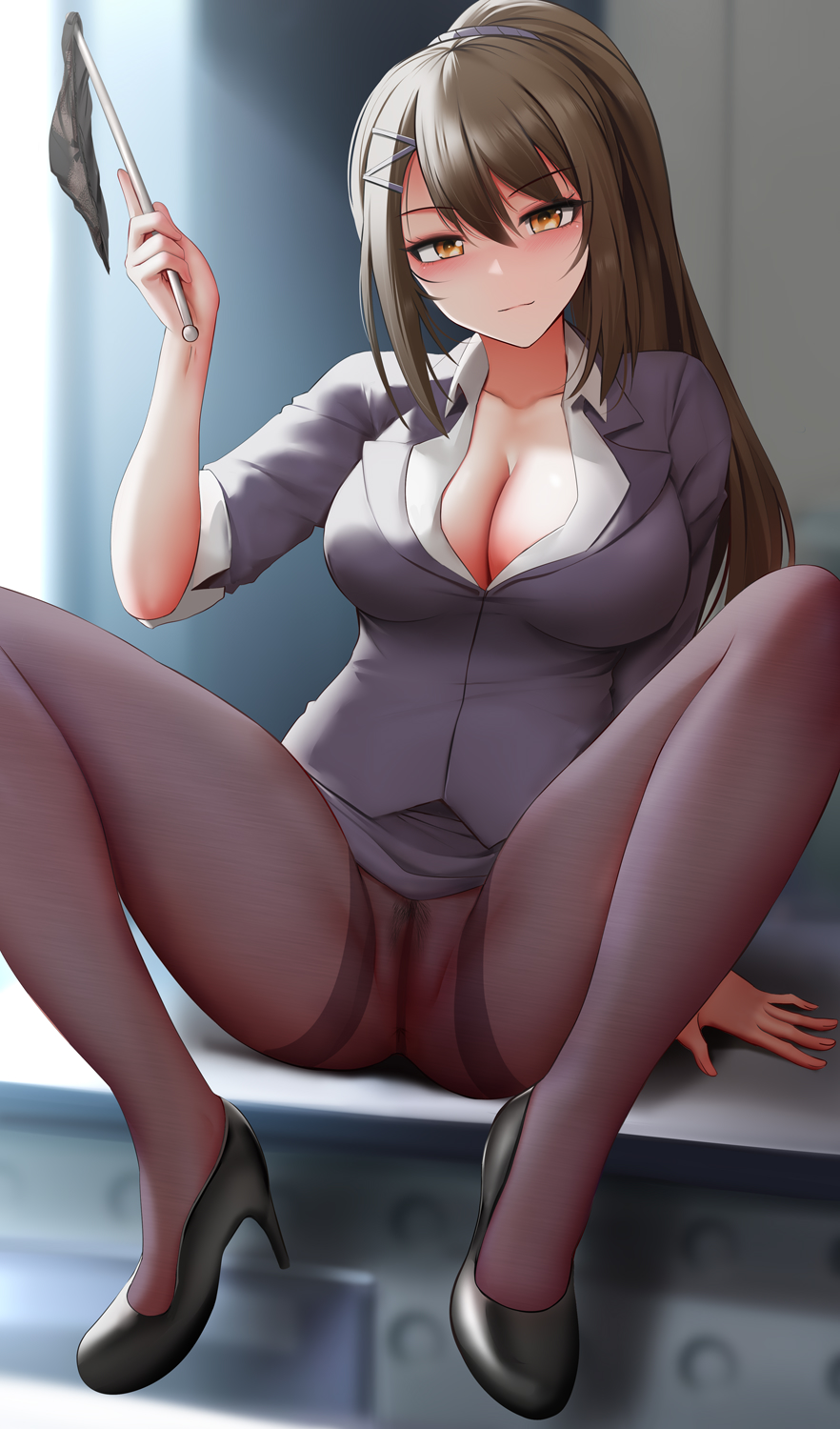 1girl black_footwear black_jacket blazer breasts brown_eyes brown_hair brown_pantyhose business_suit cameltoe chabashira_sae cleavage closed_mouth collarbone collared_shirt female_pubic_hair formal_clothes ginhaha gluteal_fold high_heels highres holding holding_pointer jacket large_breasts light_smile long_hair looking_at_viewer panties pantyhose pointer ponytail pubic_hair pussy shirt sitting solo spread_legs suit thighband_pantyhose underwear unworn_panties white_shirt youkoso_jitsuryoku_shijou_shugi_no_kyoushitsu_e