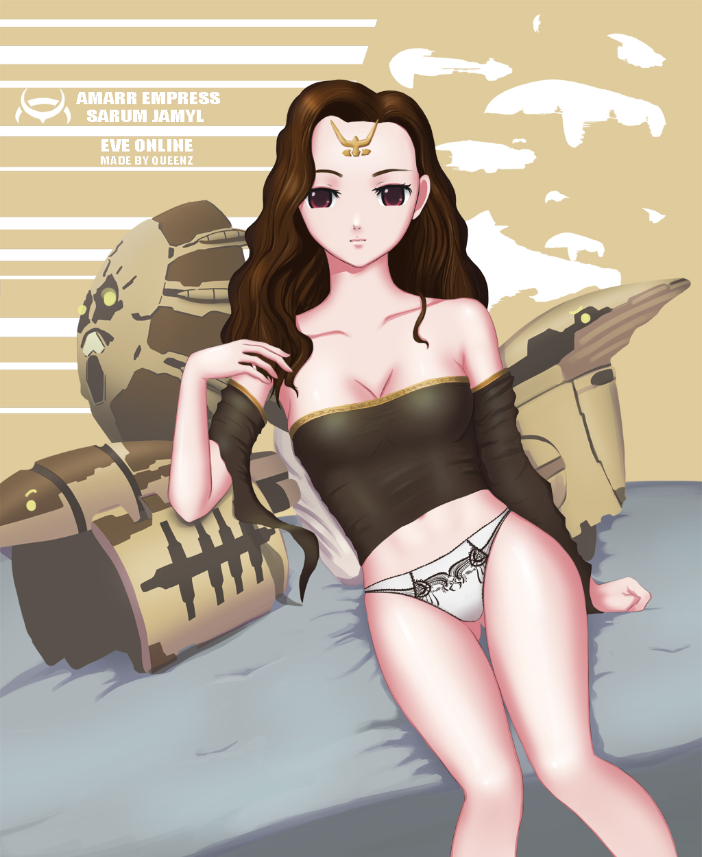 1girl abaddon_(eve_online) amarr_empire_(eve_online) apocalypse_(eve_online) armageddon_(eve_online) attack_ship_(eve_online) avatar_(eve_online) bare_shoulders battlecruiser_(eve_online) battleship_(eve_online) breasts brown_eyes brown_hair capital_ship_(eve_online) character_name cleavage closed_mouth combat_ship_(eve_online) commentary copyright_name cruiser_(eve_online) detached_sleeves dreadnought_(eve_online) droneboat_(eve_online) emblem eve_online feet_out_of_frame gluteal_fold hand_up highres long_hair long_sleeves looking_at_viewer medium_breasts mekito1 military_vehicle no_pants omen_(eve_online) on_bed oracle_(eve_online) panties prophecy_(eve_online) revelation_(eve_online) sarum_jamyl_i_(eve_online) sitting solo spacecraft strapless super_capital_ship_(eve_online) thigh_gap titan_(eve_online) tube_top underwear white_panties