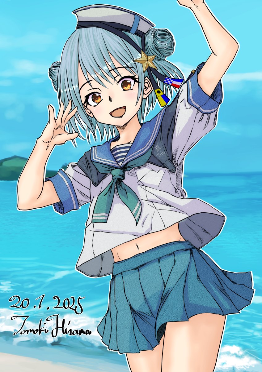 1girl alternate_sleeve_length aqua_neckerchief artist_name beach blue_hair blue_sailor_collar blue_skirt blue_sky brown_eyes cloud dated day dixie_cup_hat double_bun hair_bun hat highres hisamatomoki horizon kantai_collection military_hat navel neckerchief ocean outdoors pleated_skirt sailor_collar samuel_b._roberts_(kancolle) school_uniform serafuku shirt short_hair short_sleeves skirt sky solo white_shirt