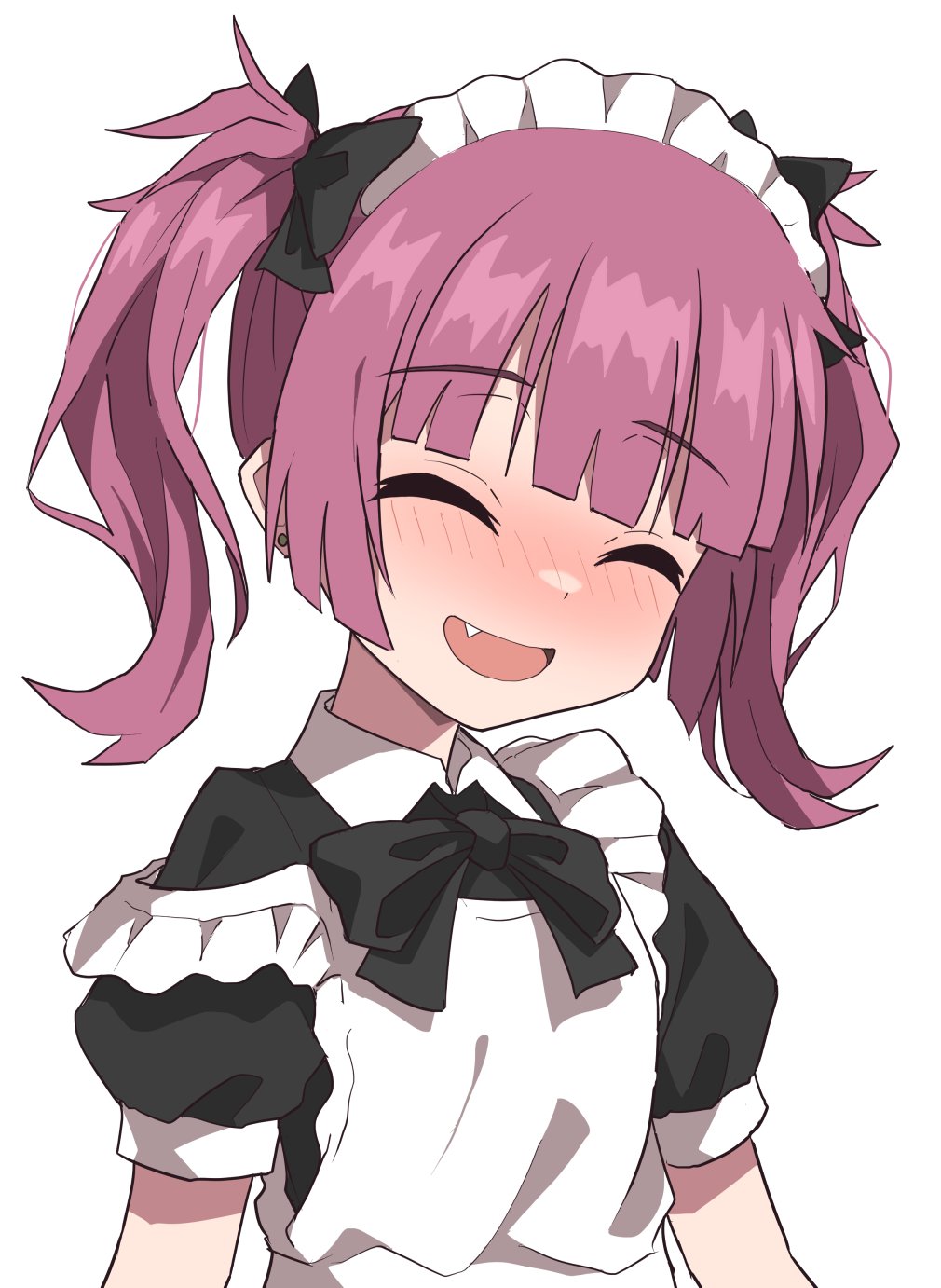 1girl ^_^ alternate_costume apron black_bow black_bowtie blunt_bangs blush bocchi_the_rock! bow bowtie closed_eyes commentary_request earrings enmaided facing_viewer fang frilled_apron frills halulu highres hiroi_kikuri jewelry maid maid_apron maid_headdress open_mouth purple_hair short_sleeves simple_background solo strap_slip twintails upper_body white_background