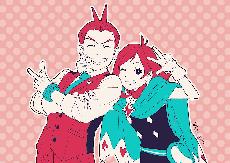 1boy 1girl ace_attorney antenna_hair apollo_justice belt_pouch black_dress blue_cape blue_necktie bracelet buttons cape collared_shirt commentary_request diamond_button diamond_earrings dress earrings facing_viewer gloves grin hand_on_another&#039;s_face hand_up jewelry limited_palette necktie one_eye_closed outline pants pink_background polka_dot polka_dot_background pouch red_pants red_scarf red_vest scarf shirt short_hair smile standing taba_(tb_gya) trucy_wright v vest white_gloves white_shirt