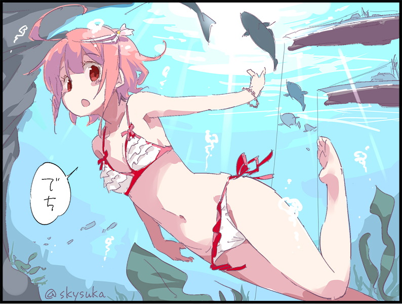 10s 1girl ahoge alternate_costume bikini blush breasts cameltoe cleavage day female_focus i-58_(kancolle) kantai_collection looking_at_viewer navel open_mouth outdoors pink_hair red_eyes short_hair solo suka swimming swimsuit underwater