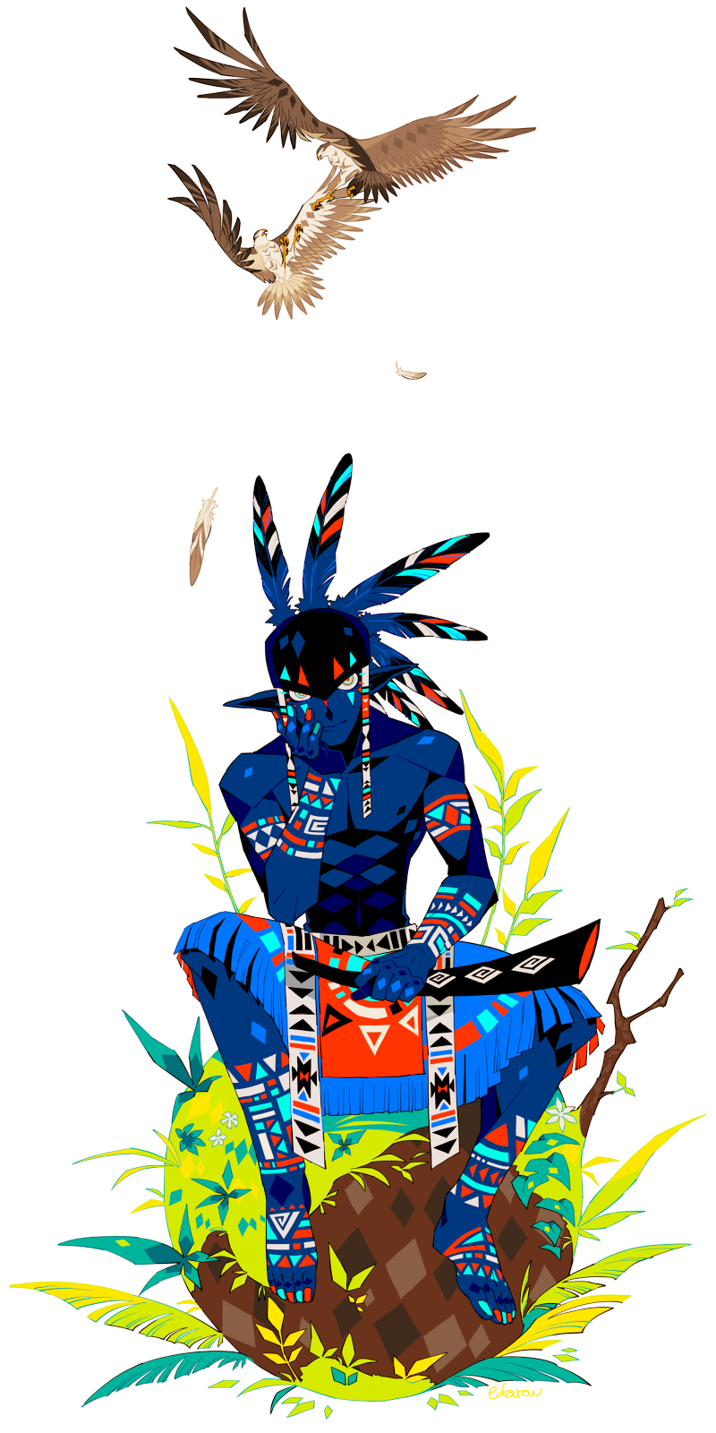 1boy 2013 animal bird blue_eyes blue_feathers blue_skin bodypaint colored_skin eda facepaint feather_hair_ornament feathers full_body hair_ornament hand_on_own_cheek hand_on_own_face highres horn_(instrument) looking_at_viewer male_focus on_rock original pointy_ears red_eyes ringed_eyes rock sitting solo toned toned_male topless_male white_background