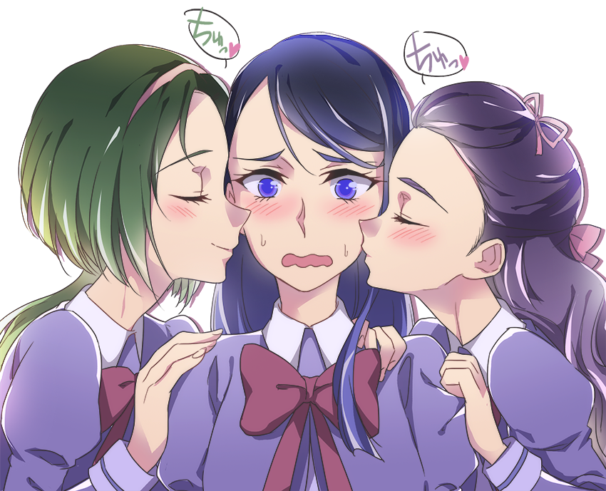 00s 3girls akimoto_komachi blue_eyes blue_hair blush bow closed_eyes girl_sandwich green_hair half_updo hand_on_another&#039;s_shoulder imminent_kiss kissing_cheek long_hair milk_(yes!_precure_5) mimino_kurumi minazuki_karen multiple_girls negom nervous precure purple_hair red_bow sandwiched school_uniform smile sweat upper_body wavy_mouth white_background wide-eyed yes!_precure_5 yes!_precure_5_gogo! yuri