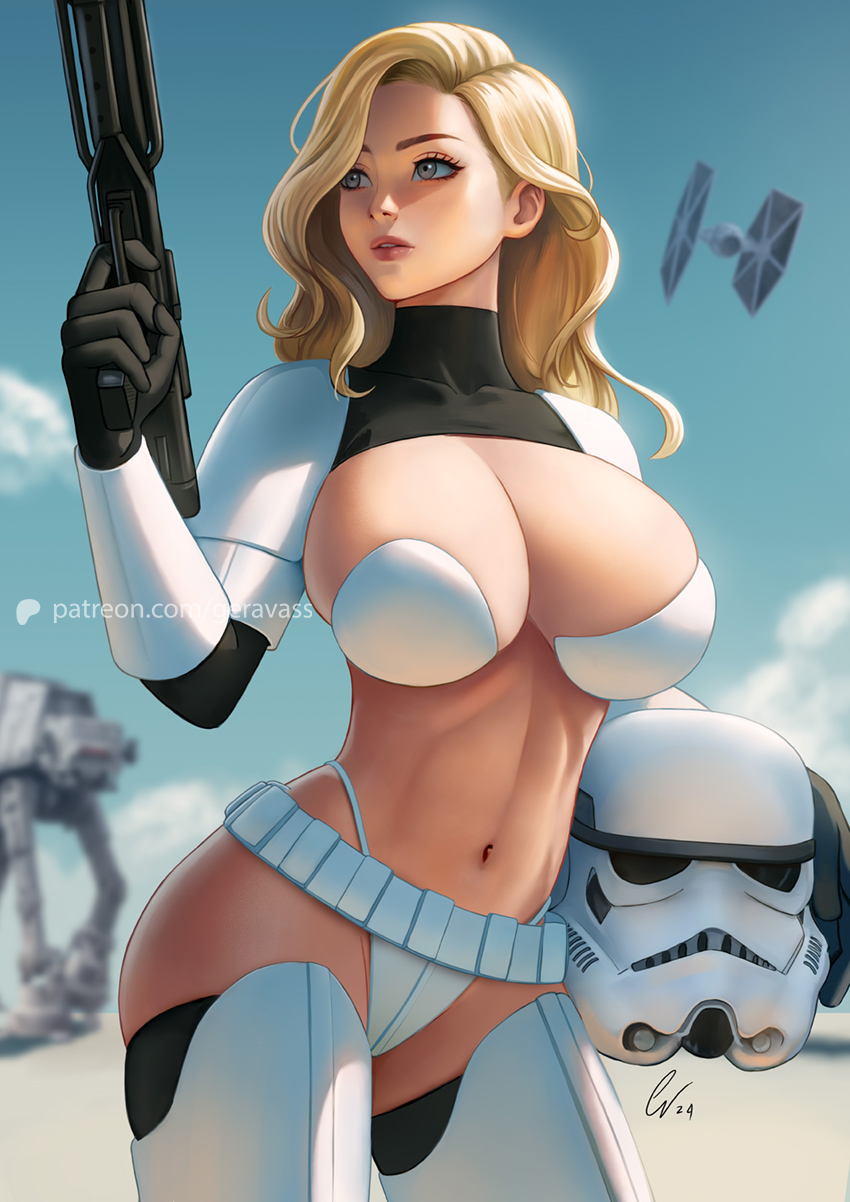 1girl adapted_costume artist_name at-at belt blaster_(star_wars) blonde_hair blue_sky blurry blurry_background breasts cleavage cloud day depth_of_field finger_on_trigger geravass grey_eyes gun helmet highres holding holding_gun holding_helmet holding_weapon large_breasts long_hair looking_to_the_side navel outdoors panties patreon_logo patreon_username signature sky solo_focus star_wars stormtrooper tie_fighter underwear unworn_headwear unworn_helmet watermark weapon web_address white_panties