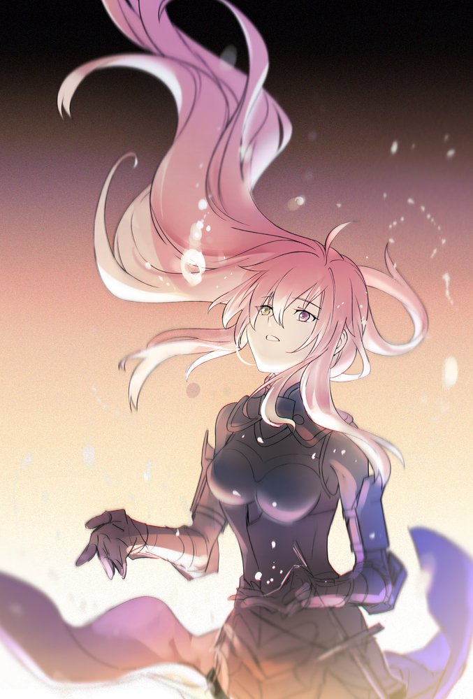 1girl ahoge aki_(neyuki41028) alternate_eye_color alternate_hair_length alternate_hairstyle armor bare_shoulders black_armor boobplate breastplate breasts cape commentary_request duplicate eyes_visible_through_hair fate/grand_order fate_(series) floating_hair gauntlets hair_between_eyes heterochromia long_hair looking_up mash_kyrielight medium_breasts open_mouth parted_lips pink_hair pixel-perfect_duplicate purple_cape purple_eyes sheath sheathed sidelocks solo sword teeth very_long_hair weapon yellow_eyes