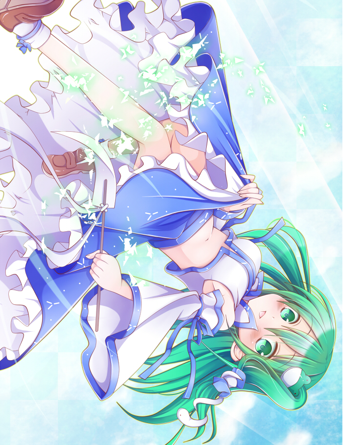 1girl bad_id bad_pixiv_id blush breasts female_focus frog gohei green_eyes green_hair hair_ornament kochiya_sanae long_hair matching_hair/eyes medium_breasts nekosugi_(hoshi) nekosugi_(hoshi) oonusa skirt snake solo touhou