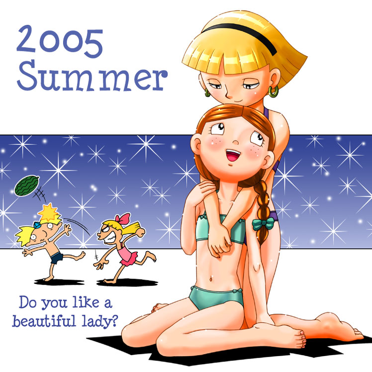 00s 1boy 2005 3girls arnold_shortman barefoot blonde_hair blue_male_swimwear blue_swim_trunks blunt_bangs blush bow braid brown_hair casual_one-piece_swimsuit earrings eye_contact flat_chest food freckles frilled_one-piece_swimsuit frills fruit full_body gradient_background green_bow hair_bow hairband helga_g_pataki hey_arnold! jewelry kneeling lila_sawyer looking_at_another male_swimwear motion_lines multiple_girls nickelodeon olga_pataki one-piece_swimsuit orange_hair parted_bangs pink_one-piece_swimsuit sitting smile summer swim_trunks swimsuit twin_braids wariza watermelon yuri zackmolis