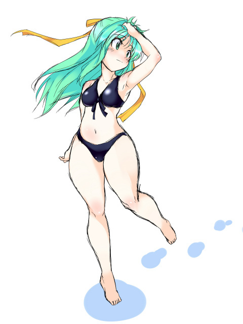 1girl armpits bad_id bad_pixiv_id barefoot bikini black_bikini feet female_focus green_eyes green_hair half_updo higurashi_no_naku_koro_ni hip_focus long_hair matching_hair/eyes roku_usagi sketch solo sonozaki_shion swimsuit wide_hips