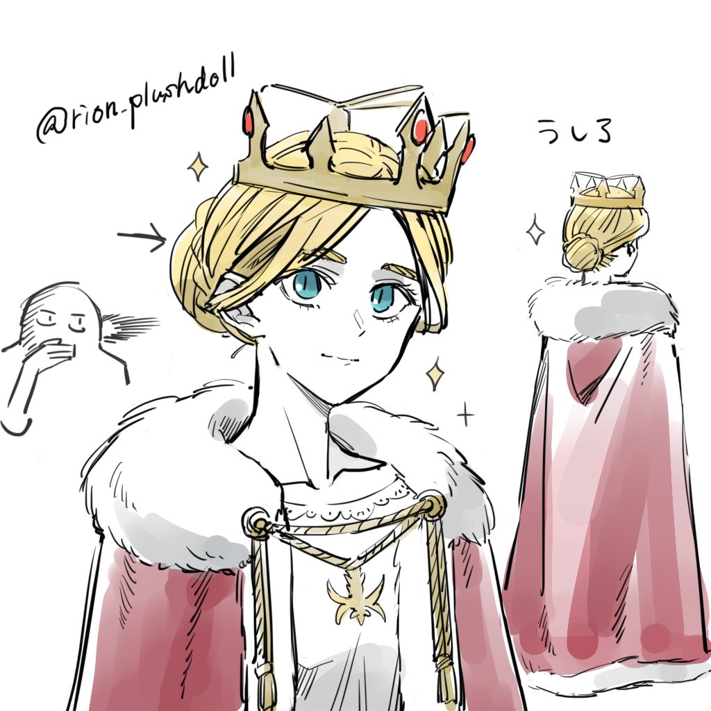 1girl 1other arrow_(symbol) blonde_hair blue_eyes bun_with_braided_base cape commentary_request crown duck11_rp fur-trimmed_cape fur_trim hair_bun krista_lenz red_cape shingeki_no_kyojin single_hair_bun smile sparkle translation_request