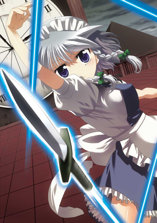 1girl aro bad_id bad_pixiv_id blue_eyes braid breasts female_focus hairband izayoi_sakuya knife maid outdoors ribbon short_hair silver_hair sky solo throwing_knife touhou twin_braids weapon