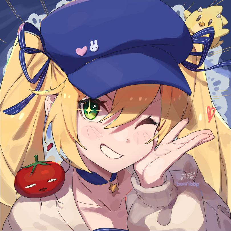 1girl bearibop blonde_hair blue_hat dokibird_(vtuber) dokibird_(vtuber)_(retro_doki) dokibird_(vtuber)_(tomato) dragoon_(dokibird) green_eyes hat heart indie_virtual_youtuber jacket jewelry looking_at_viewer necklace one_eye_closed signature smile solo twintails upper_body virtual_youtuber white_jacket