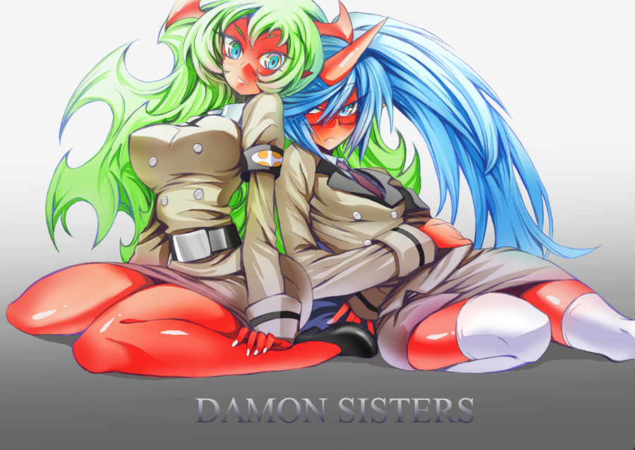 10s 2girls bun-o colored_skin horns kneesocks_(psg) long_hair multiple_girls panty_&amp;_stocking_with_garterbelt red_skin scanty_(psg) siblings sisters thighhighs typo white_thighhighs