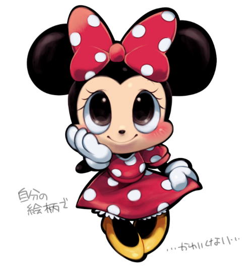 1girl animal_ears bow chibi disney dress gloves hair_bow high_heels ikuchi_osutega looking_at_viewer minnie_mouse mouse_ears polka_dot polka_dot_dress smile solo translation_request white_gloves