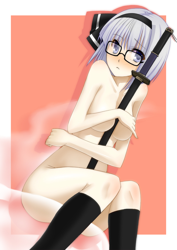 1girl bad_id bad_pixiv_id bespectacled between_breasts blue_eyes blush breast_hold breasts chulain covering_privates covering_breasts female_focus ghost glasses hairband kamata_yuuya katana konpaku_youmu konpaku_youmu_(ghost) nude nude_cover short_hair silver_hair sitting socks solo sword touhou weapon