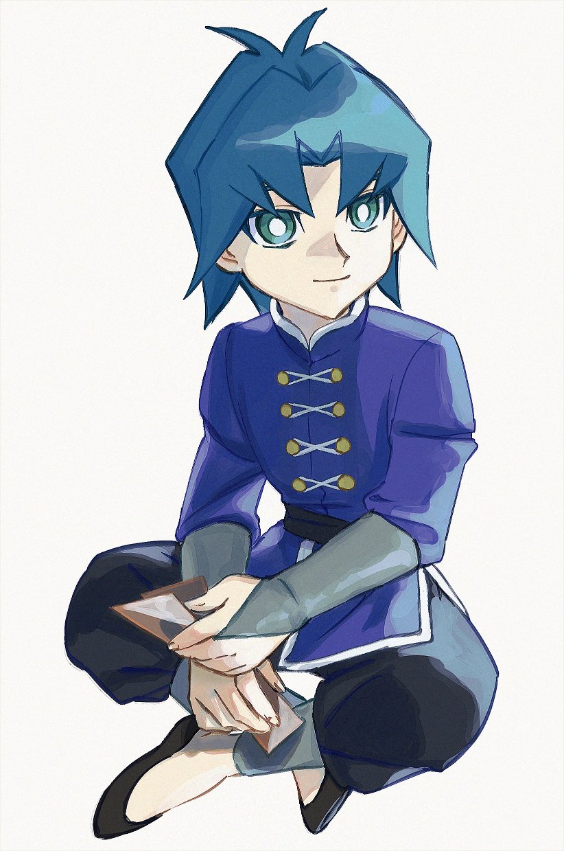 1boy aged_down blue_eyes blue_hair blue_jacket card chinese_clothes full_body highres holding holding_card jacket male_focus marufuji_ryo medium_hair simple_background solo tobali_c trading_card white_background yu-gi-oh! yu-gi-oh!_gx