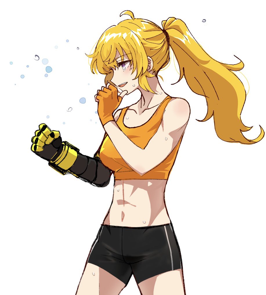 1girl black_shorts blonde_hair boxing clenched_hands cowlick fighting_stance fingerless_gloves gloves long_hair mechanical_arms muscular noratanukimaru open_mouth ponytail purple_eyes rwby shorts single_mechanical_arm solo standing sweat white_background yang_xiao_long