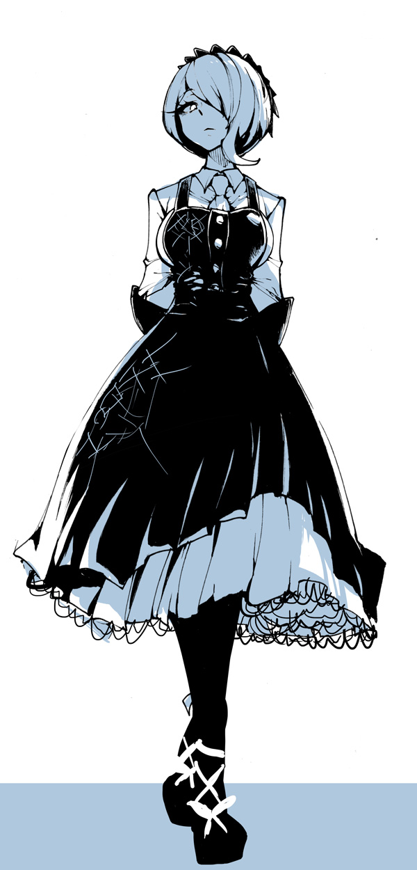 1girl arms_behind_back black_dress black_footwear black_headdress black_thighhighs danganronpa_(series) danganronpa_v3:_killing_harmony dress enouchi_ai full_body hair_over_one_eye highres looking_at_viewer maid maid_headdress monochrome necktie shirt short_hair spider_web_pattern thighhighs tojo_kirumi white_background white_shirt