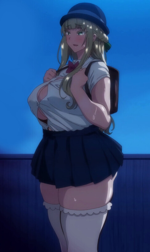 1girl 2022 20s backpack bag blonde_eyebrows blonde_hair breasts bursting_breasts button_gap cleavage colored_eyelashes curvy green_eyes huge_breasts kindergarten_uniform long_hair louisa_richter_(seika_jogakuin_kounin_sao_ojisan) pleated_skirt randoseru screencap seika_jogakuin_kounin_sao_ojisan skirt solo standing stitched tagme thick_thighs thighhighs thighs third-party_edit white_thighhighs zettai_ryouiki