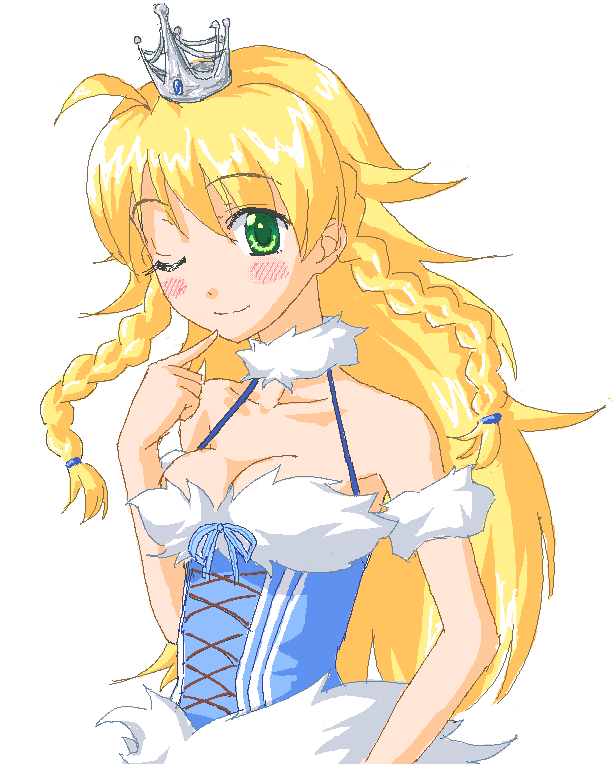 00s 1girl ahoge blonde_hair blush braid breasts cleavage corset crown dress female_focus finger_to_mouth green_eyes hakkaku_shikimi hoshii_miki idolmaster idolmaster_(classic) idolmaster_1 long_hair medium_breasts oekaki one_eye_closed pointing princess_dress smile solo twin_braids wink