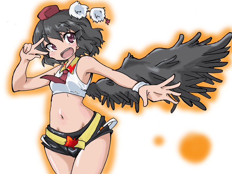 1girl adapted_costume armpits ascot bad_id bad_pixiv_id bare_shoulders belt bird_wings black_hair blush breasts crop_top female_focus groin hat leaf looking_at_viewer maple_leaf midriff navel odochi_(1or8) odochin open_mouth pom_pom_(clothes) shameimaru_aya short_shorts shorts small_breasts smile solo tokin_hat touhou v v_over_eye wings wristband