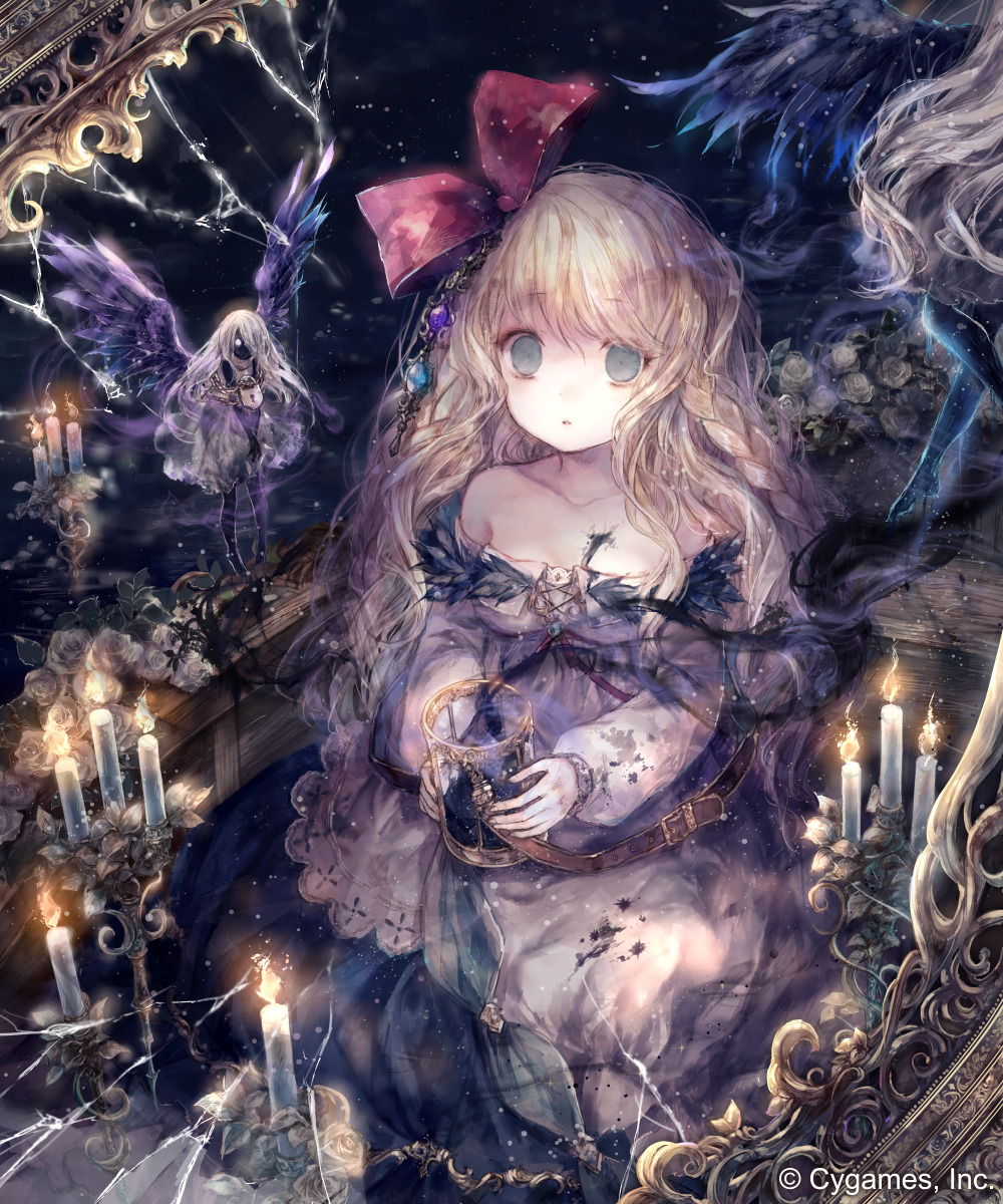 bare_shoulders blonde_hair blue_eyes boat bow braid candle candlelight commentary copyright_notice cup cygames dress empty_eyes fairy hair_bow highres holding holding_cup jewelry long_hair long_sleeves onineko petticoat purple_dress shingeki_no_bahamut tagme water watercraft