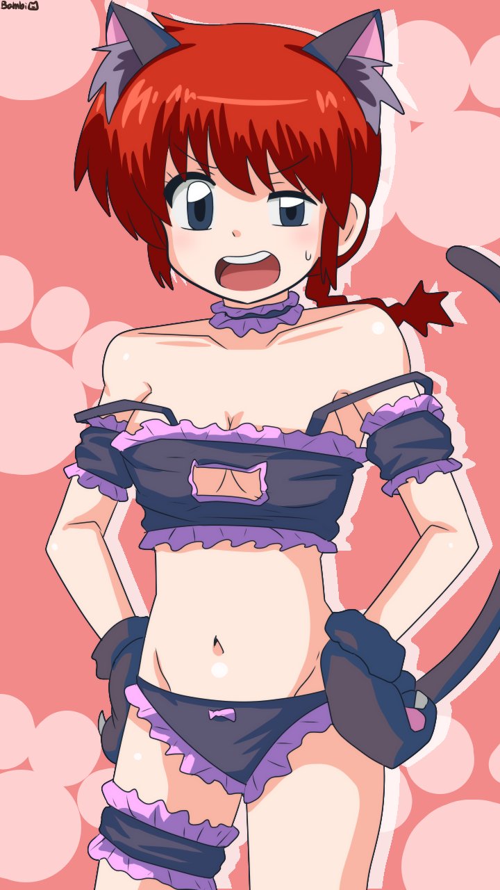 1girl animal_ears animal_hands arm_strap bambi2000line black_bra black_choker black_eyes black_panties bra braid braided_ponytail breasts cat_cutout cat_ears cat_lingerie cat_tail choker clothing_cutout commentary_request cosplay frilled_bra frilled_choker frilled_panties frills genderswap genderswap_(mtf) gloves half-closed_eye hands_on_own_hips highres medium_breasts meme_attire navel onii-chan_wa_oshimai! open_mouth oyama_mahiro oyama_mahiro_(cosplay) panties paw_gloves ranma-chan ranma_1/2 red_hair round_teeth saotome_ranma single_braid solo strap_slip sweatdrop tail teeth thigh_strap underwear v-shaped_eyebrows