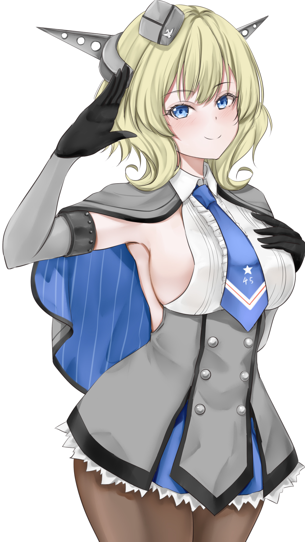 1girl black_pantyhose blonde_hair blue_eyes blue_necktie braid breasts capelet colorado_(kancolle) commentary_request cowboy_shot dress elbow_gloves garrison_cap gloves grey_capelet grey_dress grey_gloves grey_hat hat headgear highres kantai_collection koru_pera large_breasts necktie pantyhose pleated_dress salute shirt short_hair side_braids sideboob sideless_shirt sleeveless smile solo standing white_background white_shirt