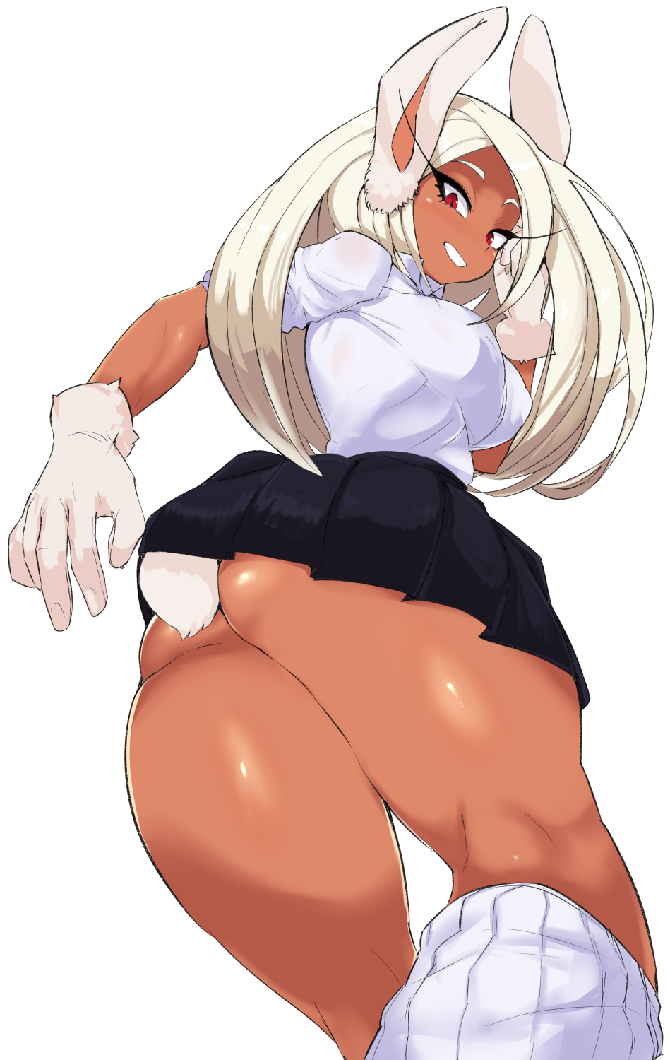 1girl animal_ears ass black_skirt boku_no_hero_academia dark-skinned_female dark_skin gloves highres looking_at_viewer man0. mirko rabbit_ears rabbit_girl rabbit_tail red_eyes simple_background skirt smile solo tail tail_through_clothes thighs white_background white_hair