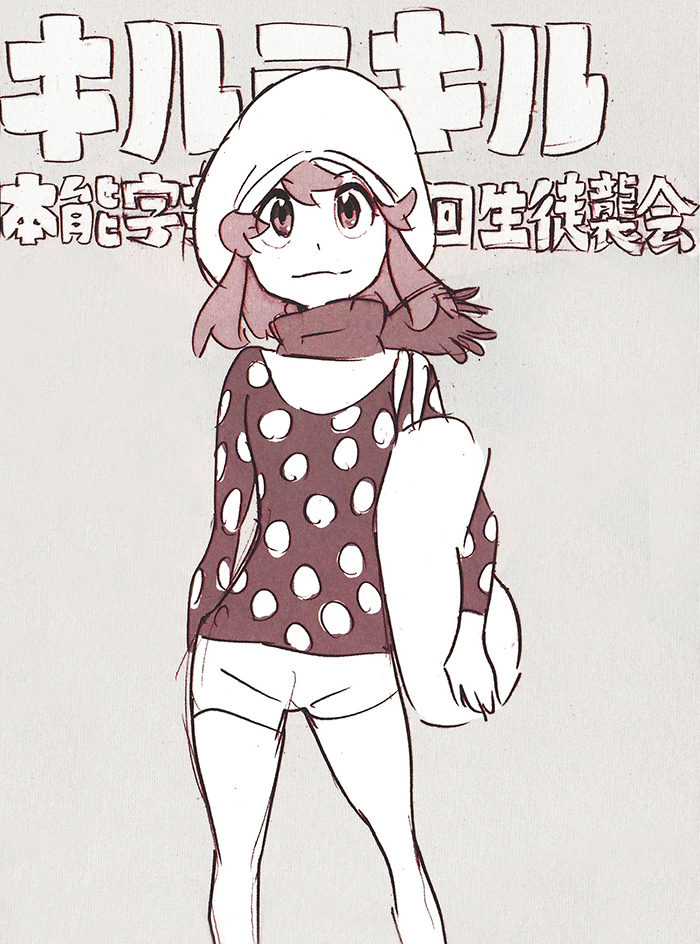 10s 1girl :3 breasts hat jakuzure_nonon kill_la_kill monochrome scarf short_hair smile sushio