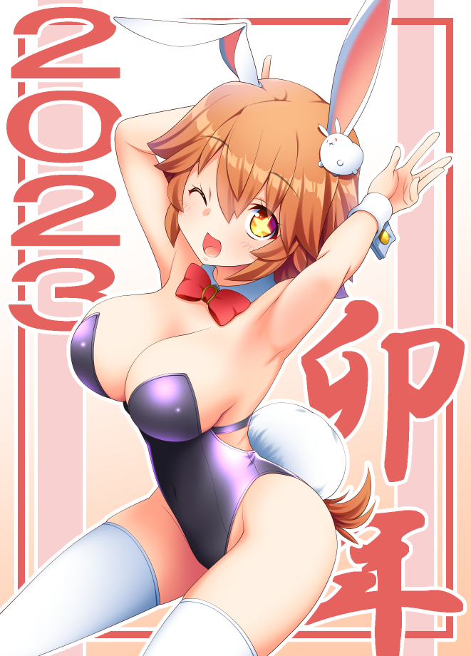 1girl 2023 alternate_costume animal_ears armpits arms_up blush breasts cleavage collarbone commentary_request fake_animal_ears hair_ornament horse_ears horse_girl kaneda_mitsuko leotard looking_at_viewer matikanefukukitaru_(umamusume) medium_breasts medium_hair one_eye_closed open_mouth orange_eyes orange_hair playboy_bunny smile solo thighhighs umamusume