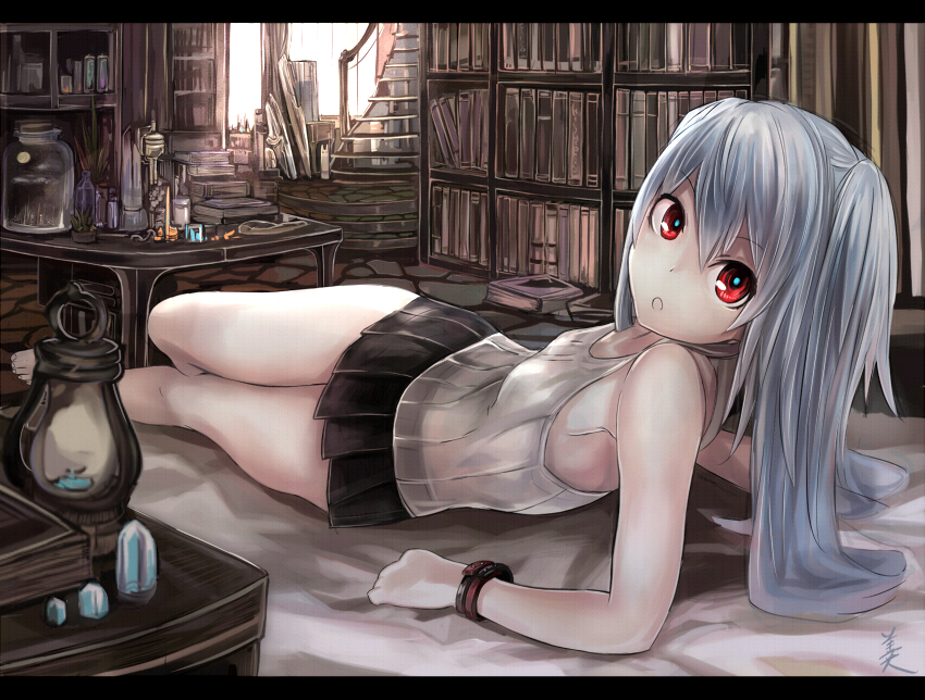 1girl :o akaitera albino arm_support bad_id bad_pixiv_id bare_shoulders barefoot book bookshelf female_focus flat_chest indoors lantern letterboxed long_hair looking_at_viewer looking_back lying on_back open_mouth original pleated_skirt recel_tinker red_eyes room see-through_clothes silver_hair skirt solo tank_top