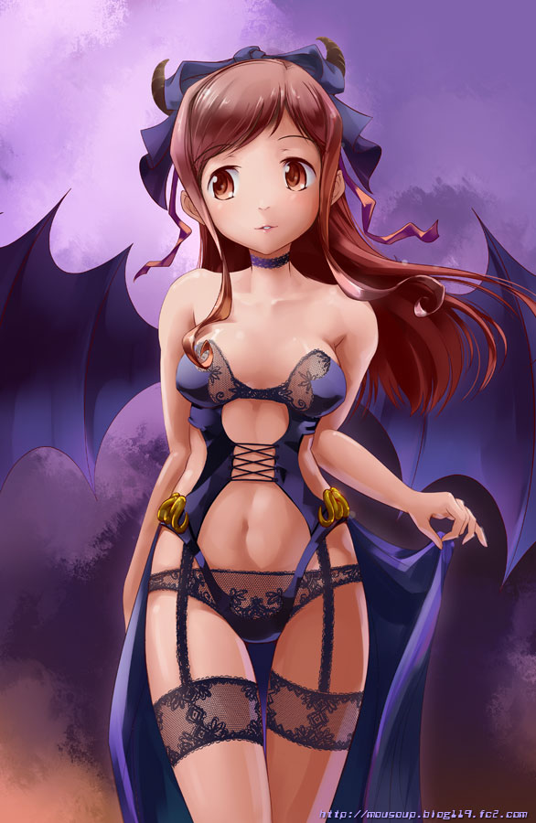 1girl bare_shoulders bat_wings brown_eyes brown_hair demon_girl female_focus garter_belt lace lingerie long_hair moupii_(hitsuji_no_ki) original solo thighhighs tomoko_(mousoup) underwear wings